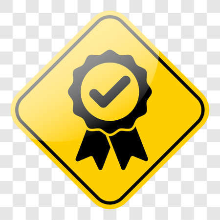 Approved badge on yellow street sign frame. Black award ribbon medal symbol icon. Vector illustration. Transparent background.のイラスト素材