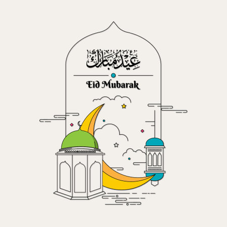 Ramadan Kareem in line art style with popular iconic symbol using in design; cresent, lantern, mosque. Vector isolated outine drawing. Simple and minimal design.のイラスト素材