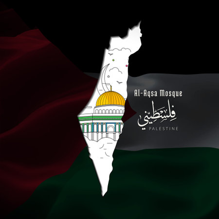 Palestine Flag with Al Aqsa Mosque In Line Art Designのイラスト素材