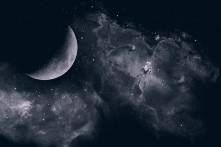Earth Moon Waxing Crescent with Satellite in Galaxyの写真素材