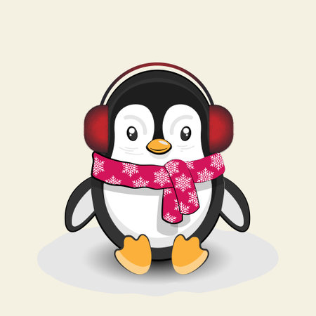 Cute penguin wearing headphones and scarf on a light background.のイラスト素材