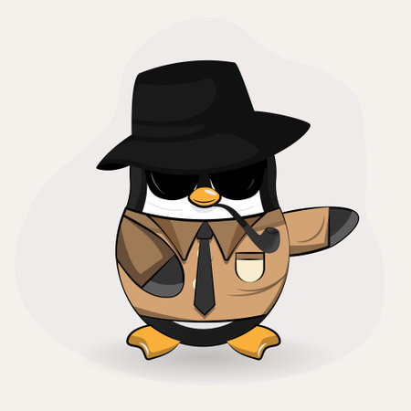 Detective Penguin Cartoon Character. Penguin in a black hat with a pipe on a white background.のイラスト素材