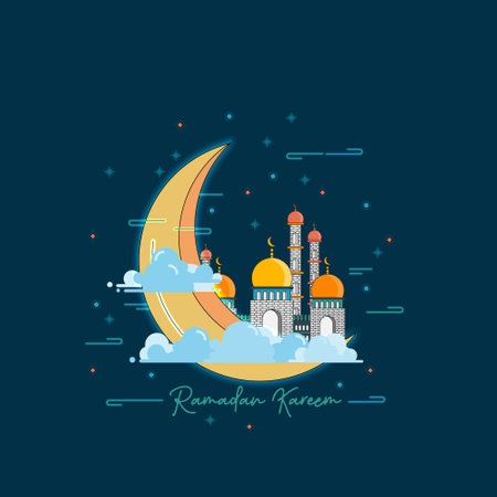 Ramadan Kareem greeting card with mosque, moon and clouds.のイラスト素材
