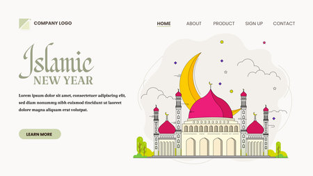 Landing page template of Islamic New Year or Muharram with mosque, moon and clouds.のイラスト素材