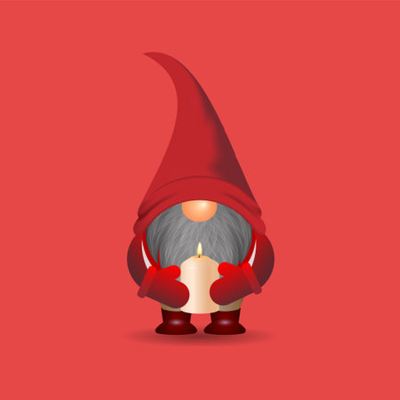 Cute gnome with a candle on a red background.のイラスト素材