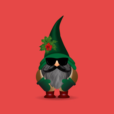 Vector cartoon funky christmas gnome with sunglasses isolated on red background.のイラスト素材