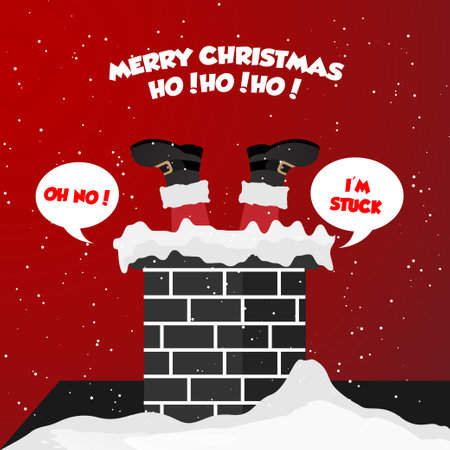 Merry Christmas and Happy New Year greeting card. Santa Claus is coming from chimney.のイラスト素材