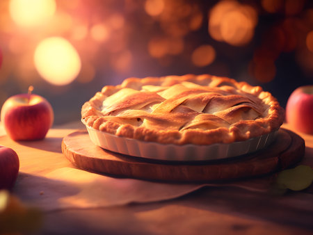 Apple pie on a wooden table with apples and bokeh backgroundの素材