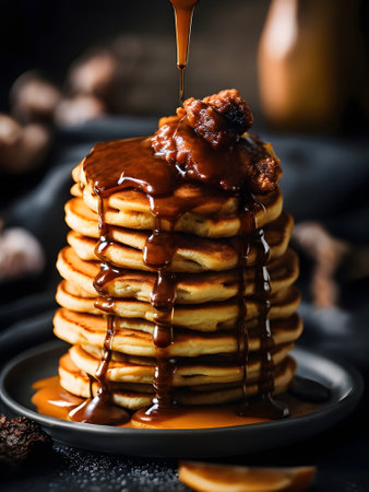 Stack of pancakes with chocolate syrup and caramel sauce on a dark backgroundの素材
