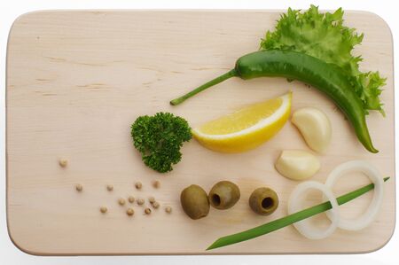 Fresh vegetables on cutting board. view from aboveの写真素材