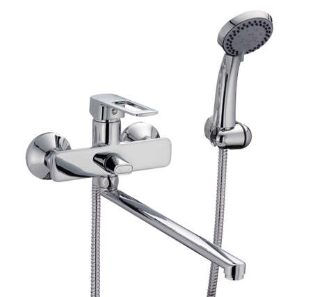 Single handle bath mixer, metal faucet for the bathroom. Short spout isolated, white backgroundの写真素材