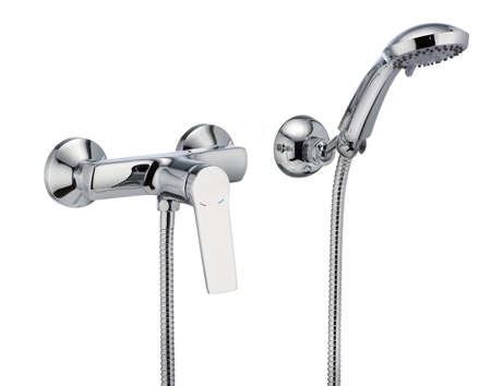 Single handle bath mixer, metal faucet for the bathroom. Short spout isolated, white backgroundの写真素材