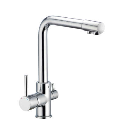 Single handle bath mixer, metal faucet for the bathroom. Short spout isolated, white backgroundの写真素材