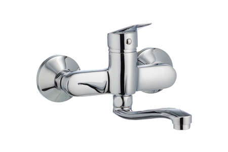 Single handle bath mixer, metal faucet for the bathroom. Short spout isolated, white backgroundの写真素材
