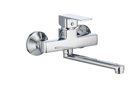 Kitchen ixer metal faucet. Stainless steel. isolated. white backgroundの写真素材