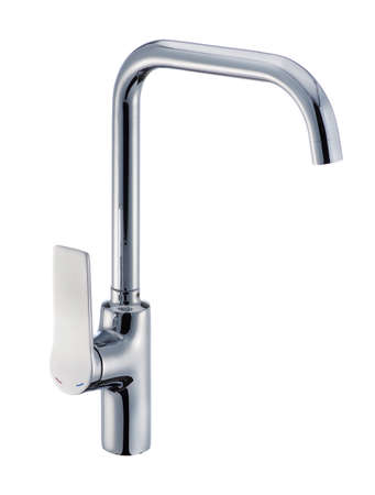Kitchen ixer metal faucet. Stainless steel. isolated. white backgroundの写真素材