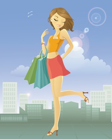 Happy young woman after shopping in the cityのイラスト素材