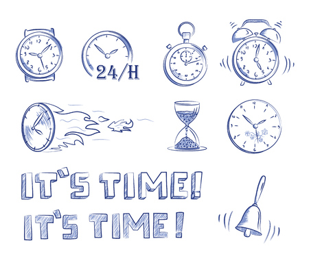 Icon set time and clocks. Hand drawn cartoon doodle vector illustrationのイラスト素材