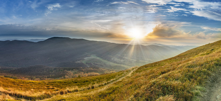 Sunset in the autumn in the mountains. Bieszczady National Park - Cary?ska meadow - Poland.の写真素材