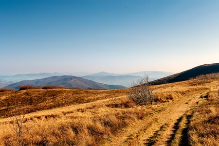 road in the mountains. Autumn landscape in sundown.の写真素材