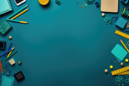 School supplies on a blue background. Back to school concept. Top viewの素材