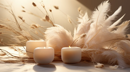Burning candles and dry flowers on white wooden table, closeupの素材