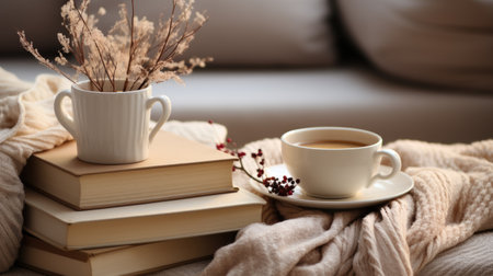 Cup of coffee, books and dry flowers on sofa at homeの素材