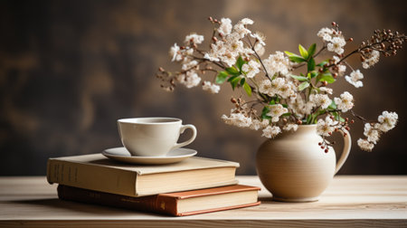 Cup of coffee and books with cherry blossom on wooden tableの素材