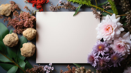 Blank paper card mockup with dried flowers on gray background.の素材