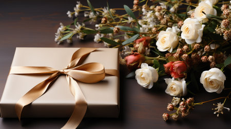 Gift box and bouquet of flowers on a wooden background.の素材