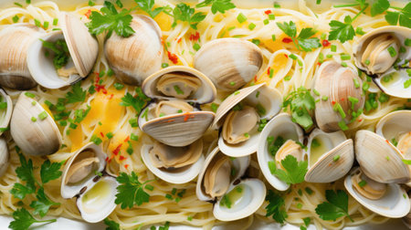 Spaghetti with clams and parsley on white background, top viewの素材