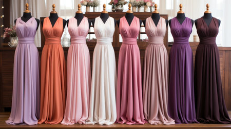Wedding, evening dresses in a row. Wedding dress on a mannequin.の素材