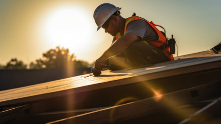 Roofer working on the roof of a new house with sun flareの素材