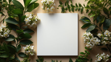 Blank paper sheet with white flowers on beige background, flat layの素材