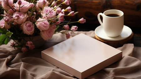 Cup of coffee, book and flowers on wooden table, closeupの素材
