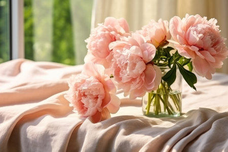 Bouquet of pink peonies in a glass vase on the bedの素材
