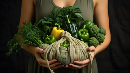 Woman holding a bag of fresh vegetables in front of her body.の素材