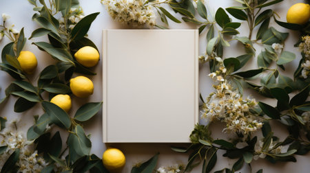 Blank card mockup with lemons and flowers on white backgroundの素材