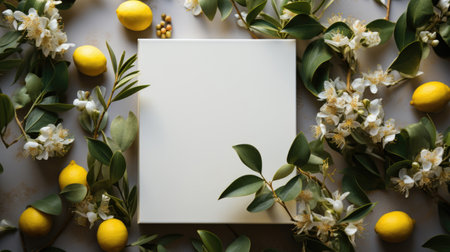 Easter, wedding greeting card mockup with lemons and jasmine flowersの素材