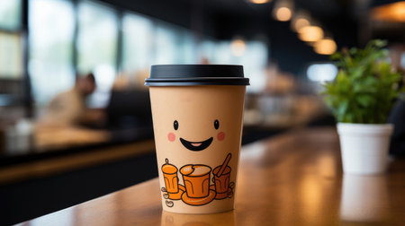 Coffee cup with smiley face on wooden table in cafeの素材