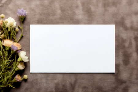 Blank white card with dried flowers on brown background. Top view.の素材