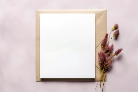 Greeting card mockup with envelope and dried flowers on pink backgroundの素材