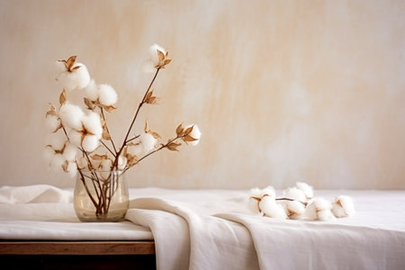 Bouquet of cotton flowers in vase on wooden table.の素材