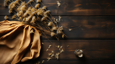 Beautiful dried flowers on dark wooden background, flat lay. Space for textの素材