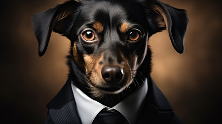 Portrait of a dog in a suit and tie on a brown backgroundの素材