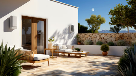 3D rendering of a modern house terrace with garden and sea viewの素材