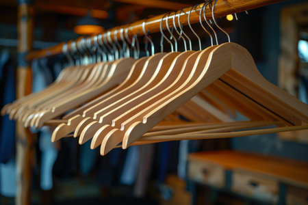 Wooden clothes hangers on the rack in a clothing store, at homeの素材