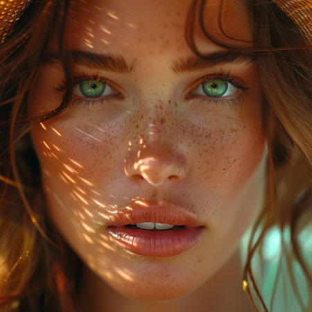 Close-up portrait of a beautiful young woman with green eyes.の素材