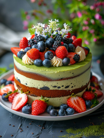 Homemade cake with fresh berries and cream on a dark background, selective focus.の素材
