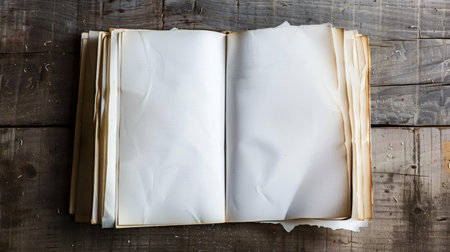 Open book with blank pages on old wooden background. Top view.の素材